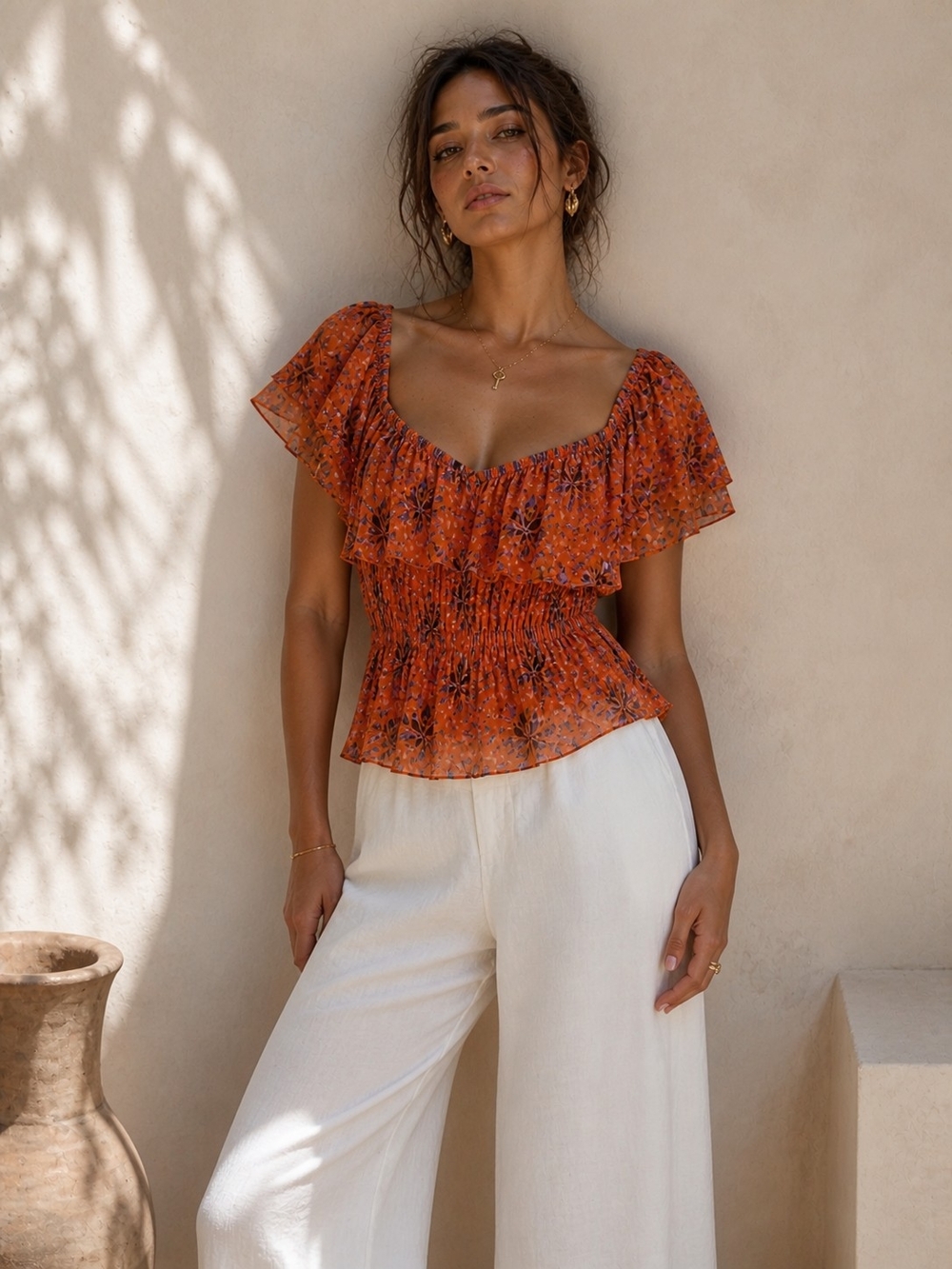 Free People Smocked Sheer Floral Top – Orange